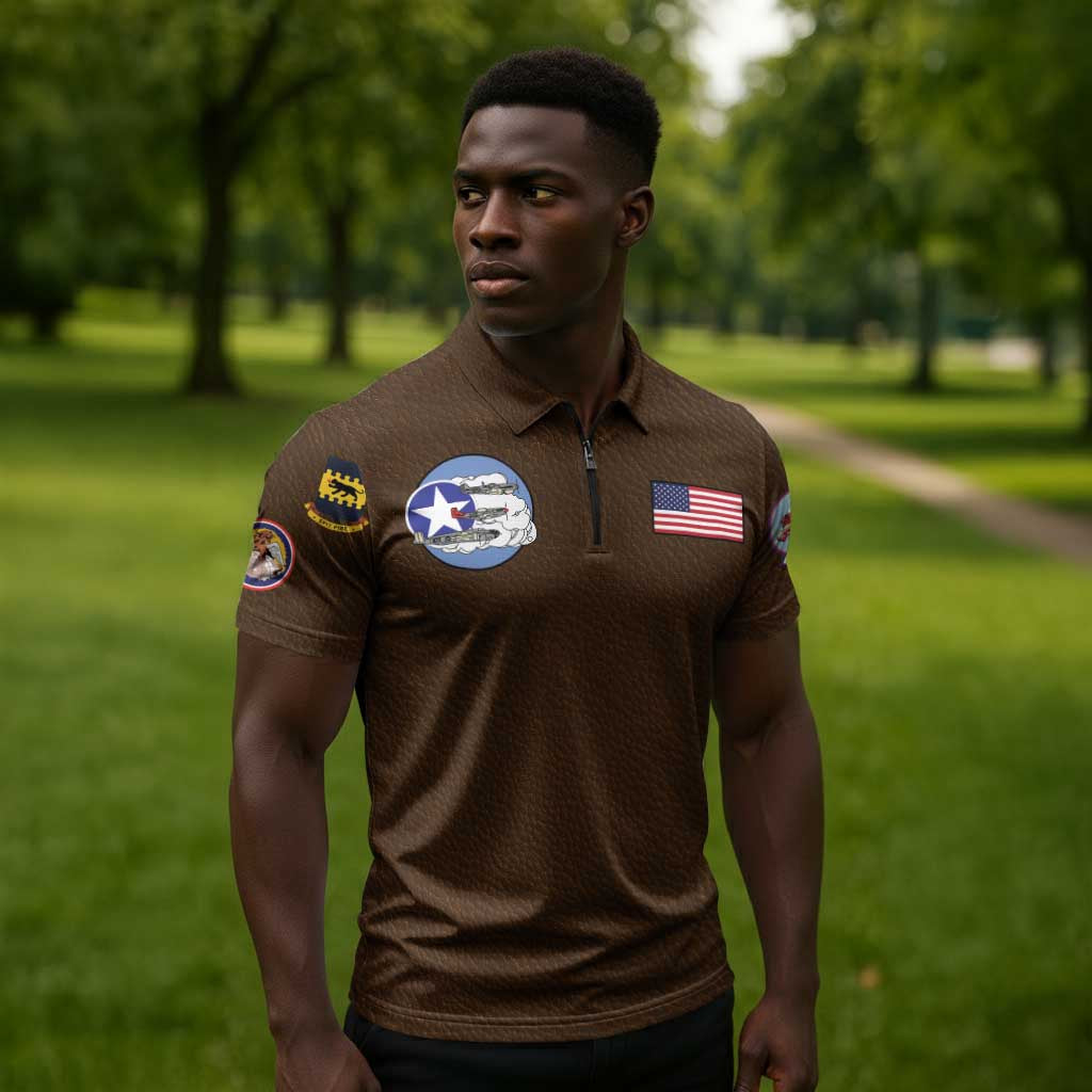 Tuskegee Airmen WWII Heroes Zipper Polo Shirt The Great American Aviators Brown Leather Pattern