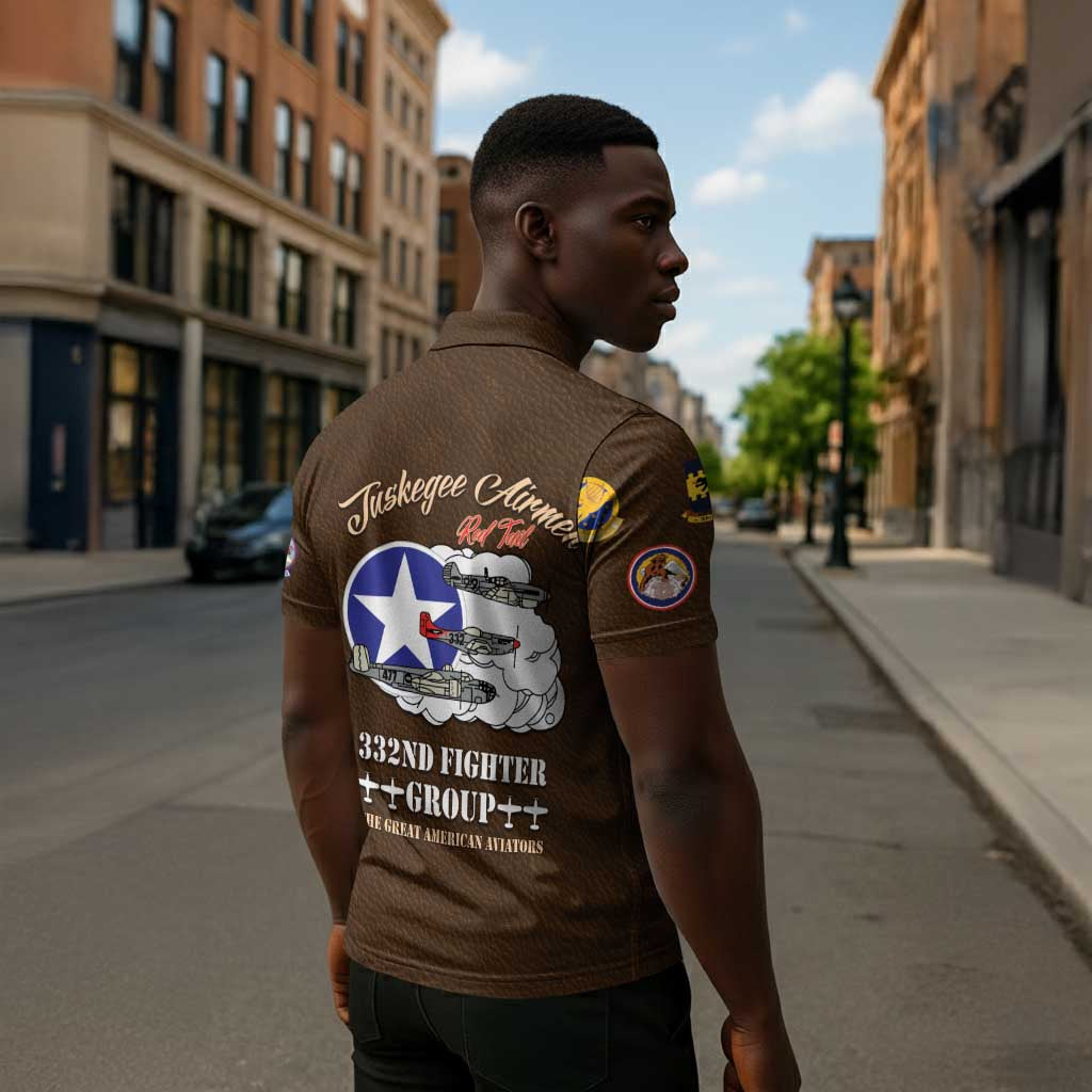 Tuskegee Airmen WWII Heroes Zipper Polo Shirt The Great American Aviators Brown Leather Pattern