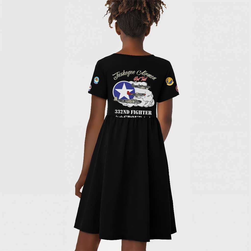 African American Aviators WWII Kid Short Sleeve Dress Tuskegee Red Tails Airmen Black - African Pride