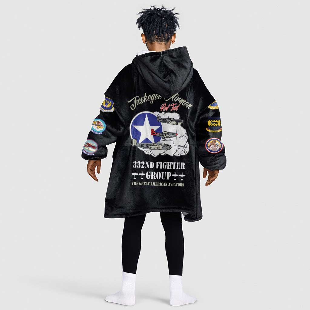 African American Aviators WWII Kid Wearable Blanket Hoodie Tuskegee Red Tails Airmen Black - African Pride