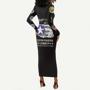 African American Aviators WWII Long Sleeve Bodycon Dress Tuskegee Red Tails Airmen Black - African Pride