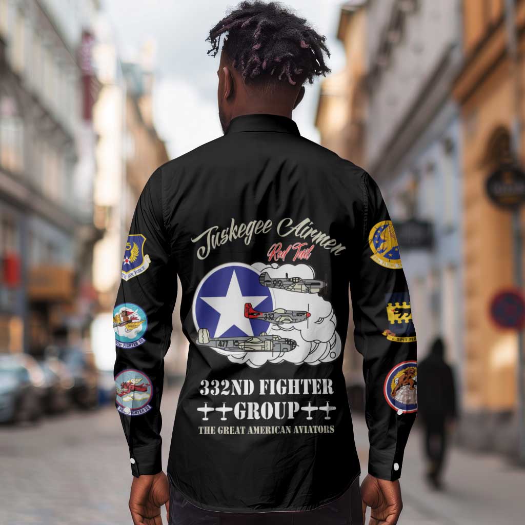 African American Aviators WWII Long Sleeve Button Shirt Tuskegee Red Tails Airmen Black - African Pride