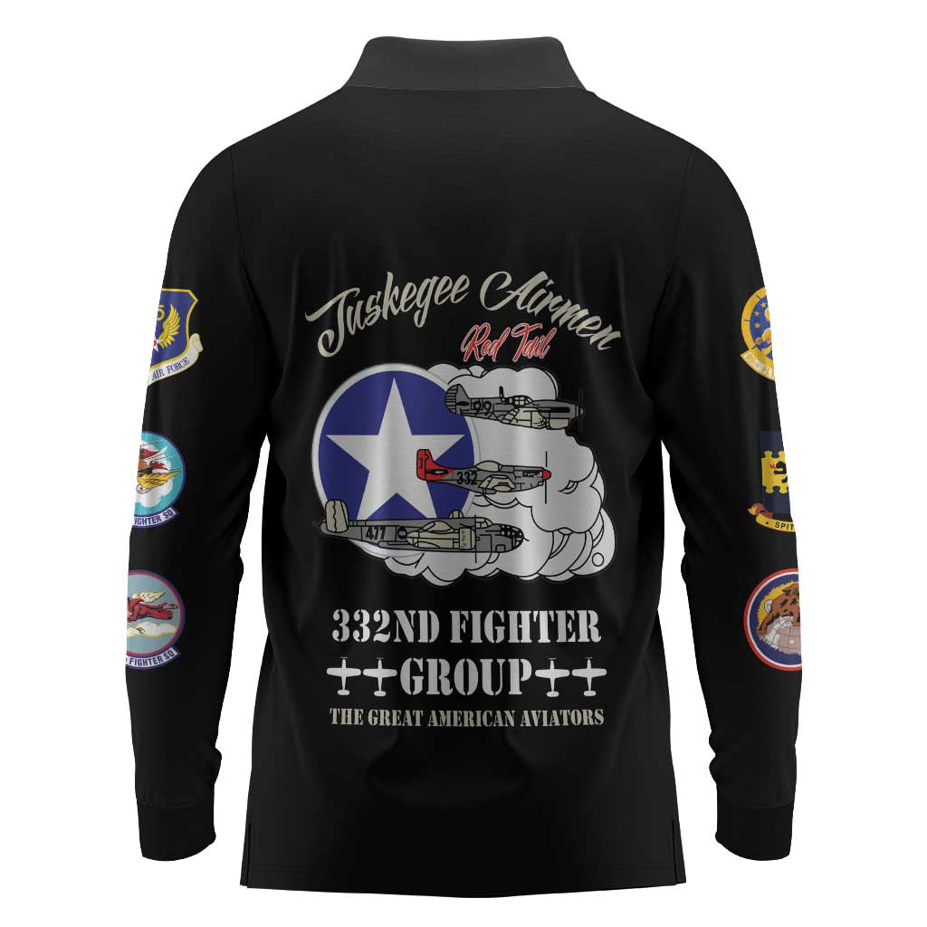 African American Aviators WWII Long Sleeve Polo Shirt Tuskegee Red Tails Airmen Black - African Pride