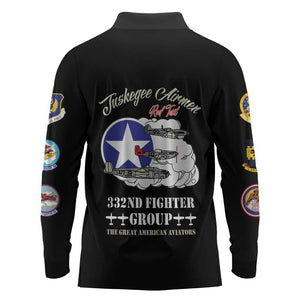 African American Aviators WWII Long Sleeve Polo Shirt Tuskegee Red Tails Airmen Black - African Pride