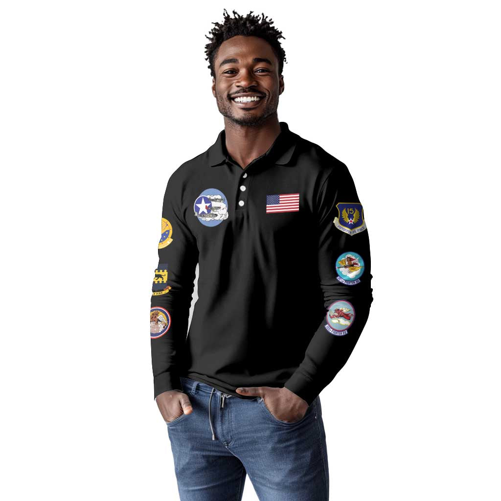 African American Aviators WWII Long Sleeve Polo Shirt Tuskegee Red Tails Airmen Black - African Pride
