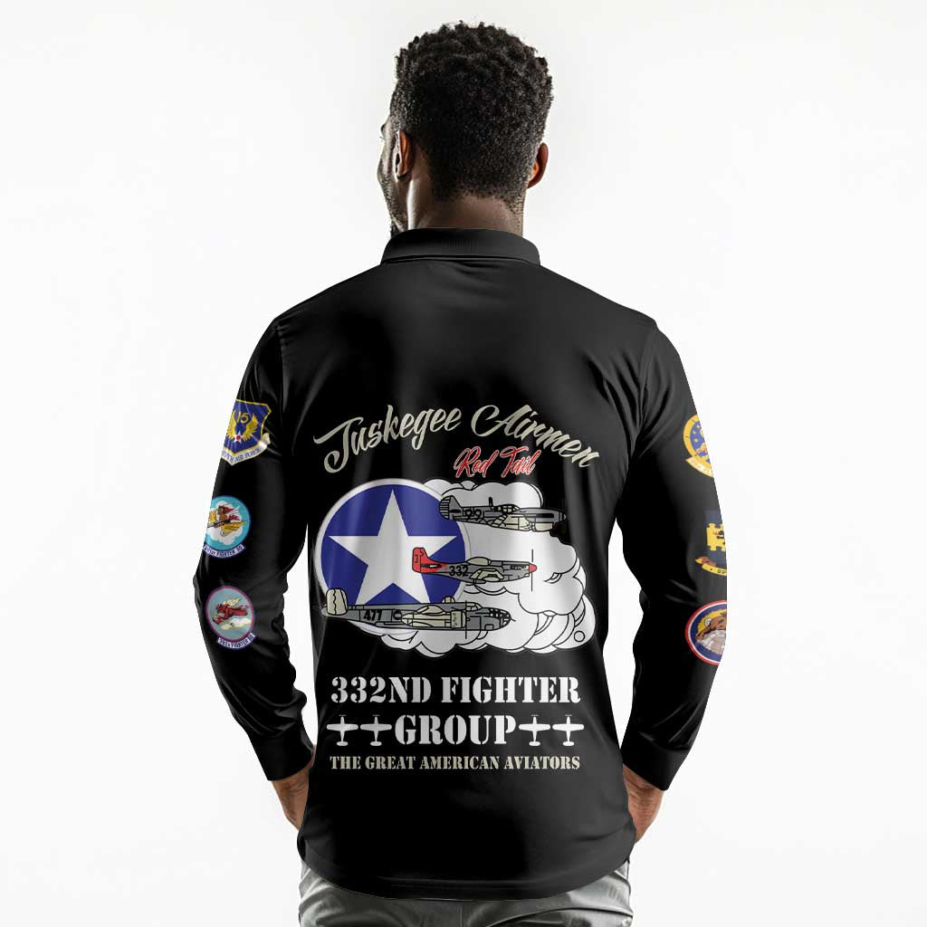 African American Aviators WWII Long Sleeve Polo Shirt Tuskegee Red Tails Airmen Black - African Pride