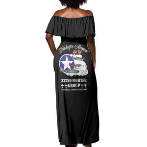 African American Aviators WWII Off Shoulder Maxi Dress Tuskegee Red Tails Airmen Black - African Pride