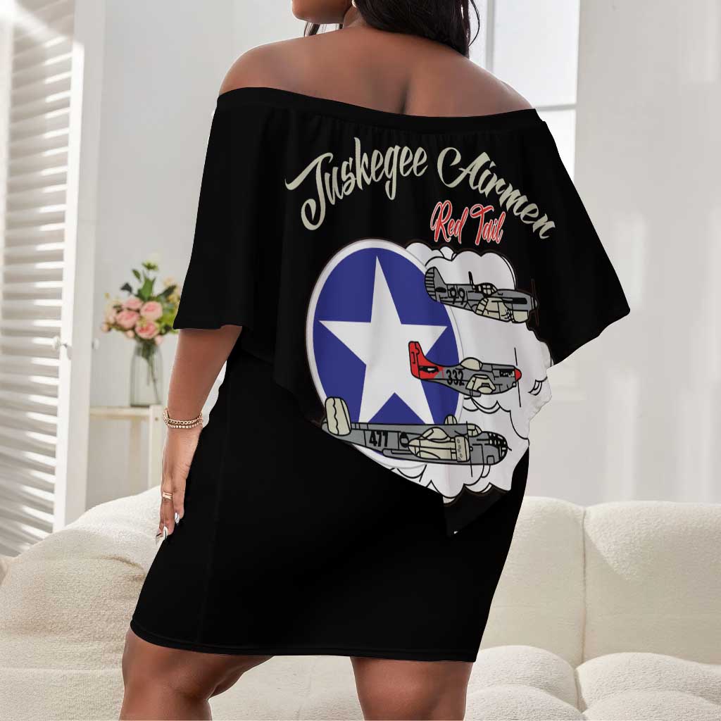 African American Aviators WWII Off Shoulder Short Dress Tuskegee Red Tails Airmen Black - African Pride