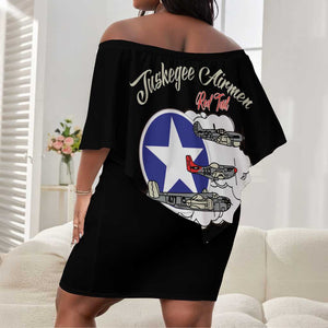 African American Aviators WWII Off Shoulder Short Dress Tuskegee Red Tails Airmen Black - African Pride