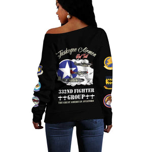 African American Aviators WWII Off Shoulder Sweater Tuskegee Red Tails Airmen Black - African Pride