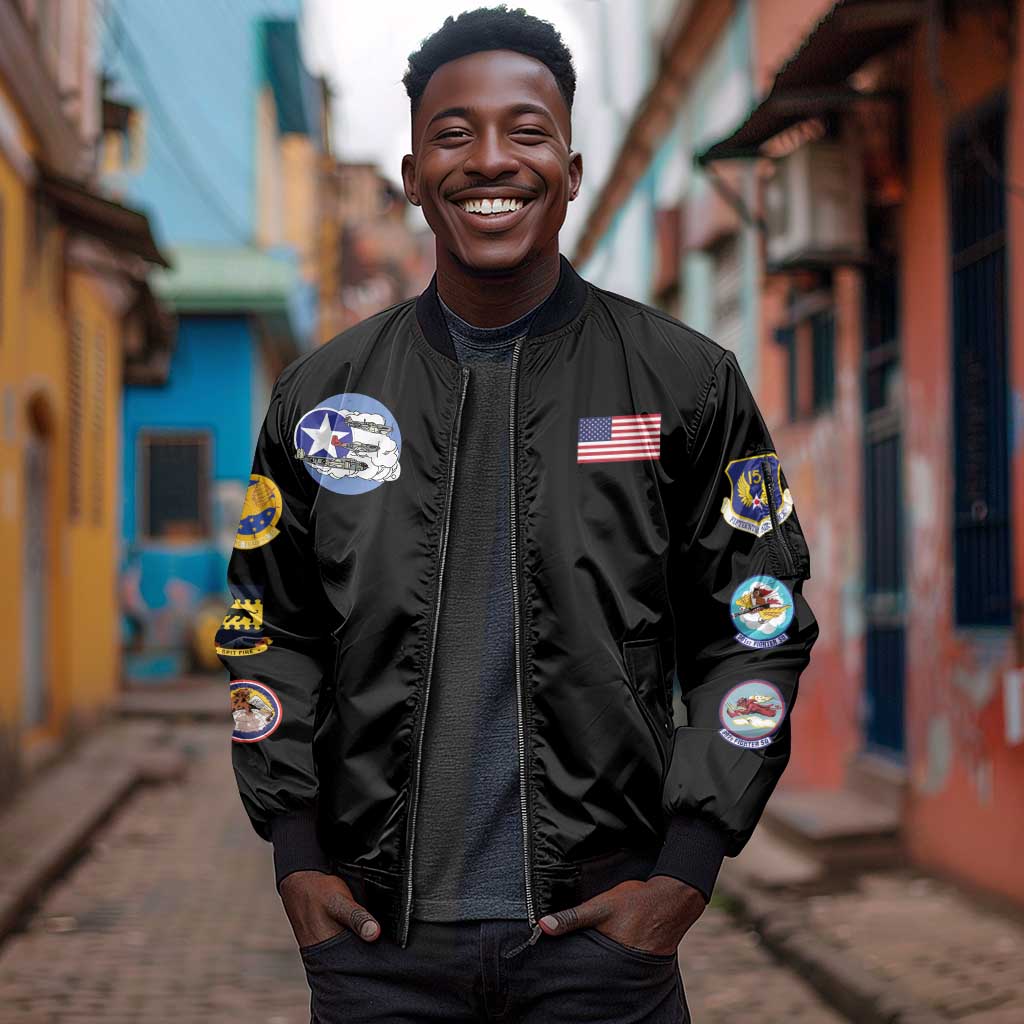 African American Aviators WWII Sleeve Zip Bomber Jacket Tuskegee Red Tails Airmen Black - African Pride