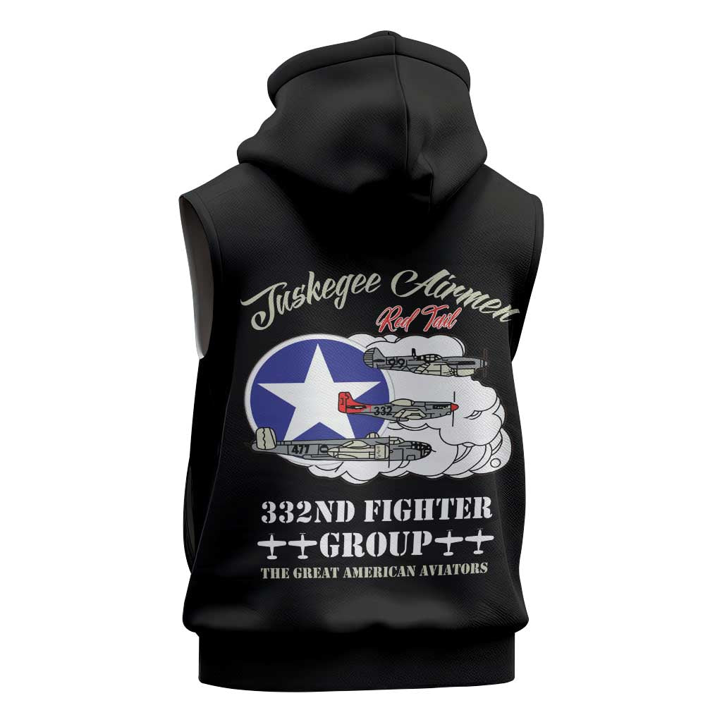 African American Aviators WWII Sleeveless Hoodie Tuskegee Red Tails Airmen Black - African Pride