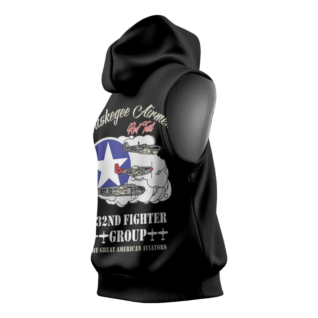 African American Aviators WWII Sleeveless Hoodie Tuskegee Red Tails Airmen Black - African Pride