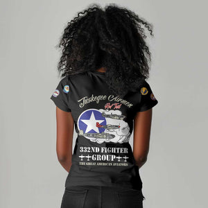 African American Aviators WWII Women V-Neck T-Shirt Tuskegee Red Tails Airmen Black - African Pride