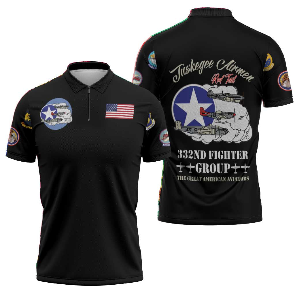 Tuskegee Airmen WWII Heroes Zipper Polo Shirt The Great American Aviators Black Art