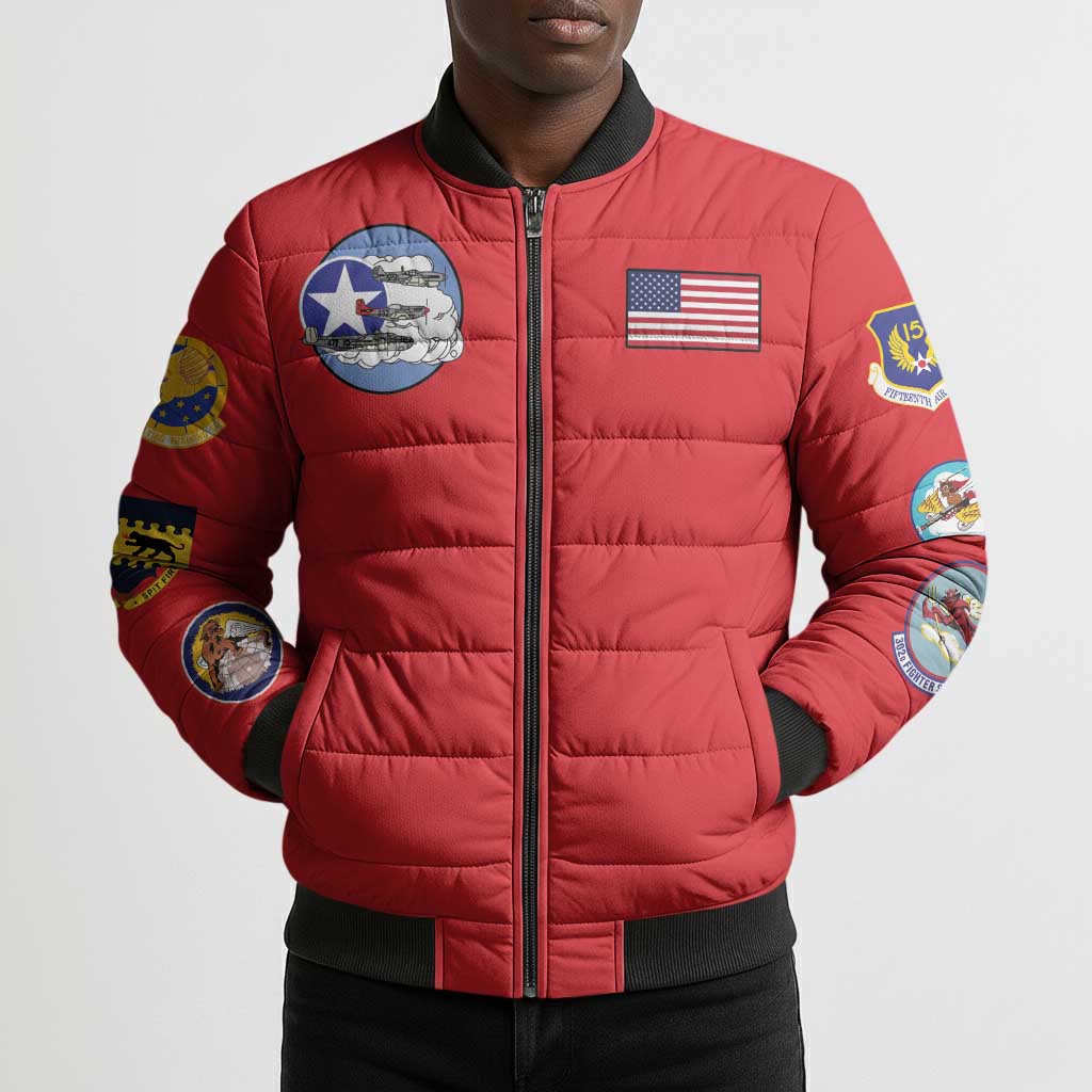 Tuskegee Airmen WWII Heroes Bomber Puffer Jacket The Great American Aviators Red Art