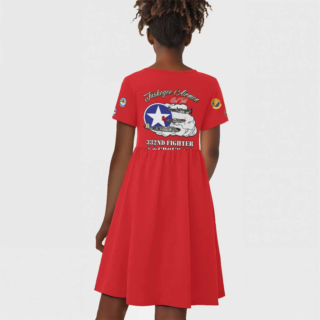 African American Aviators WWII Kid Short Sleeve Dress Tuskegee Red Tails Airmen Red - African Pride