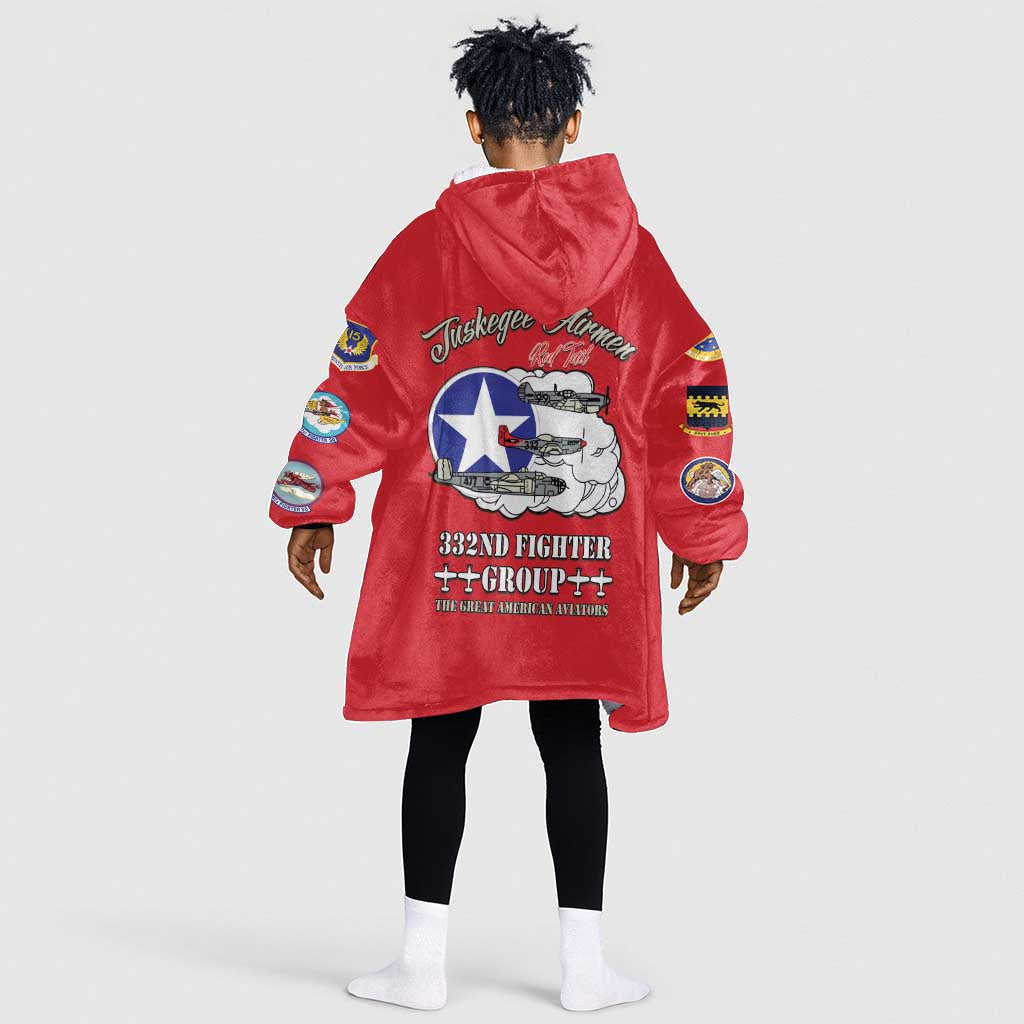 African American Aviators WWII Kid Wearable Blanket Hoodie Tuskegee Red Tails Airmen Red - African Pride