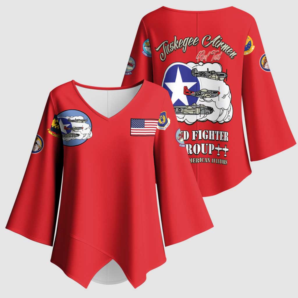 Tuskegee Airmen WWII Heroes Kimono Sleeve Blouse The Great American Aviators Red Art