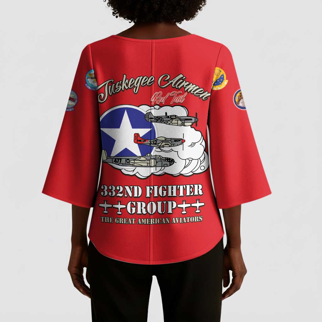 Tuskegee Airmen WWII Heroes Kimono Sleeve Blouse The Great American Aviators Red Art