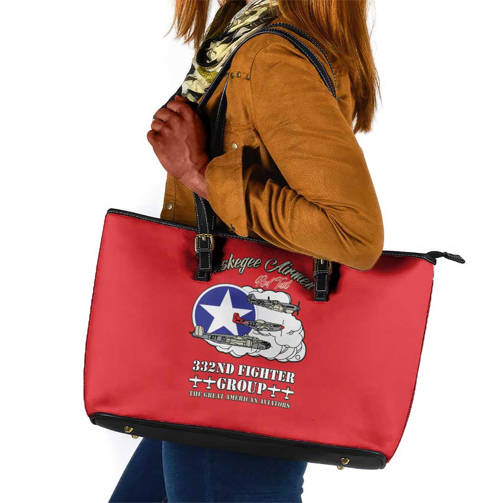 African American Aviators WWII Leather Tote Bag Tuskegee Red Tails Airmen Red - African Pride
