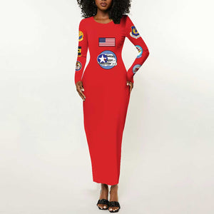 African American Aviators WWII Long Sleeve Bodycon Dress Tuskegee Red Tails Airmen Red - African Pride