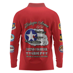 African American Aviators WWII Long Sleeve Polo Shirt Tuskegee Red Tails Airmen Red - African Pride