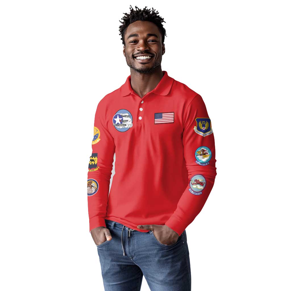 African American Aviators WWII Long Sleeve Polo Shirt Tuskegee Red Tails Airmen Red - African Pride