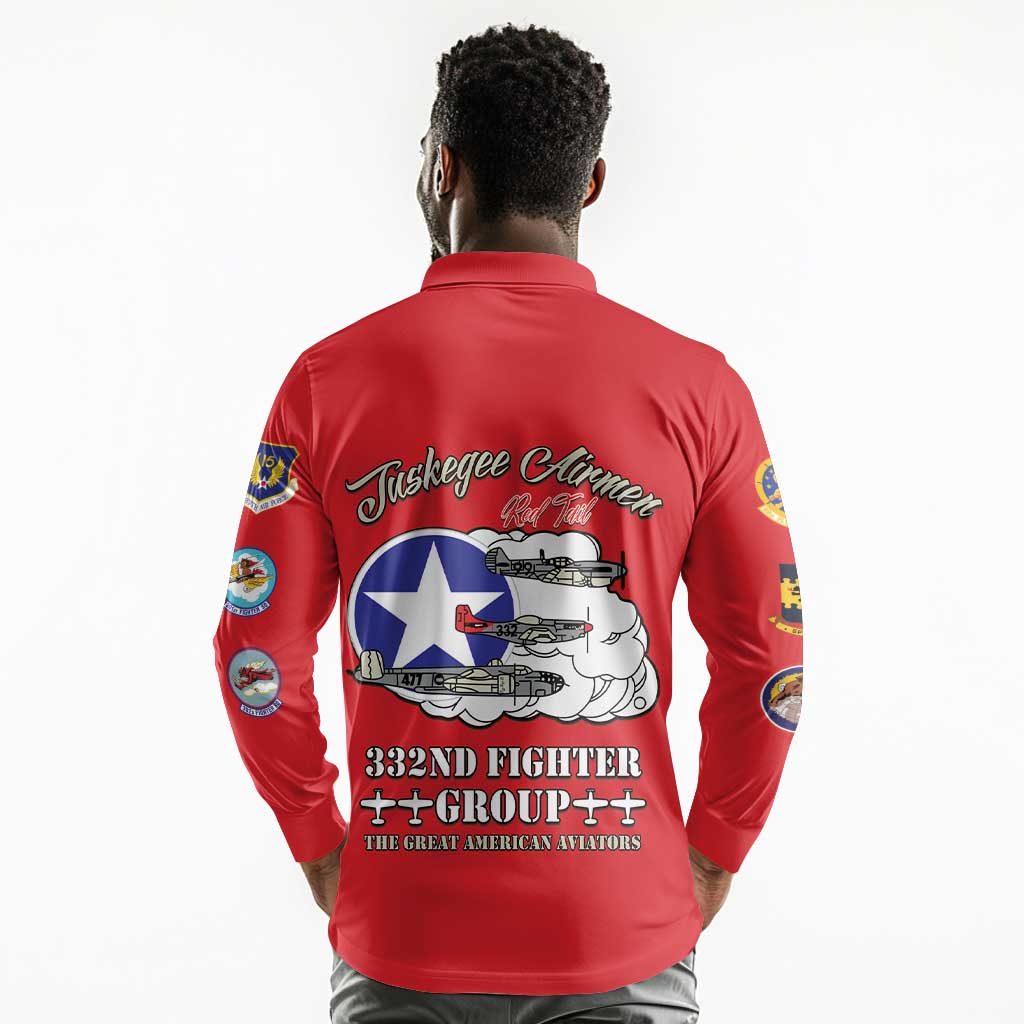 African American Aviators WWII Long Sleeve Polo Shirt Tuskegee Red Tails Airmen Red - African Pride