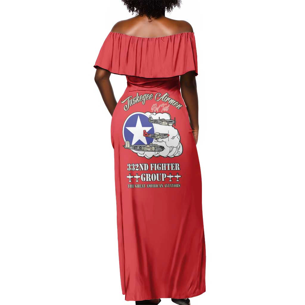 African American Aviators WWII Off Shoulder Maxi Dress Tuskegee Red Tails Airmen Red - African Pride