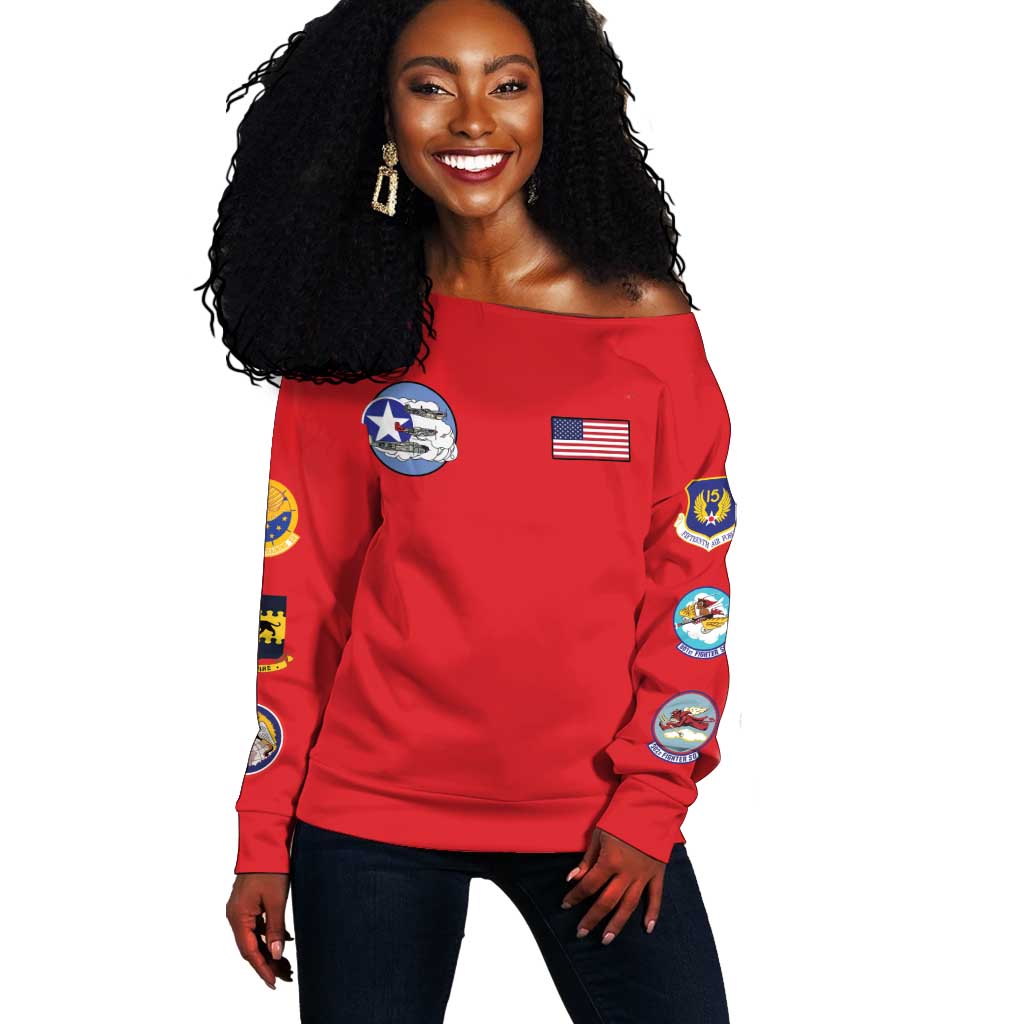 African American Aviators WWII Off Shoulder Sweater Tuskegee Red Tails Airmen Red - African Pride