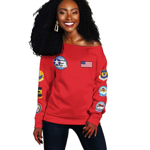 African American Aviators WWII Off Shoulder Sweater Tuskegee Red Tails Airmen Red - African Pride