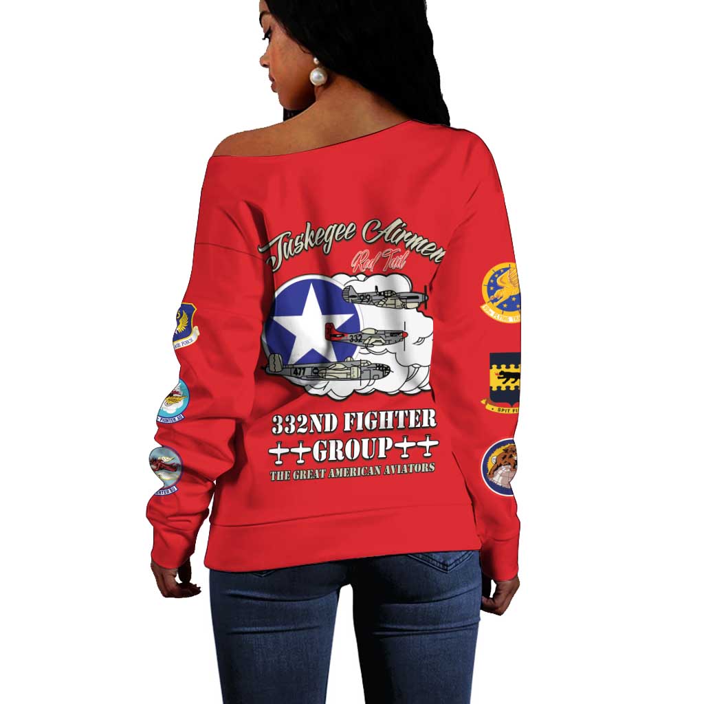 African American Aviators WWII Off Shoulder Sweater Tuskegee Red Tails Airmen Red - African Pride