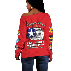 African American Aviators WWII Off Shoulder Sweater Tuskegee Red Tails Airmen Red - African Pride