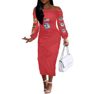 African American Aviators WWII Off The Shoulder Long Sleeve Dress Tuskegee Red Tails Airmen Red - African Pride