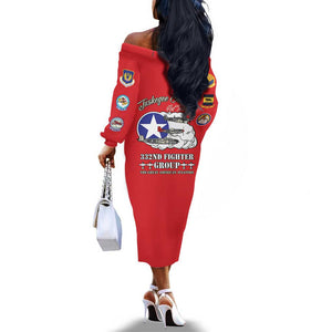African American Aviators WWII Off The Shoulder Long Sleeve Dress Tuskegee Red Tails Airmen Red - African Pride