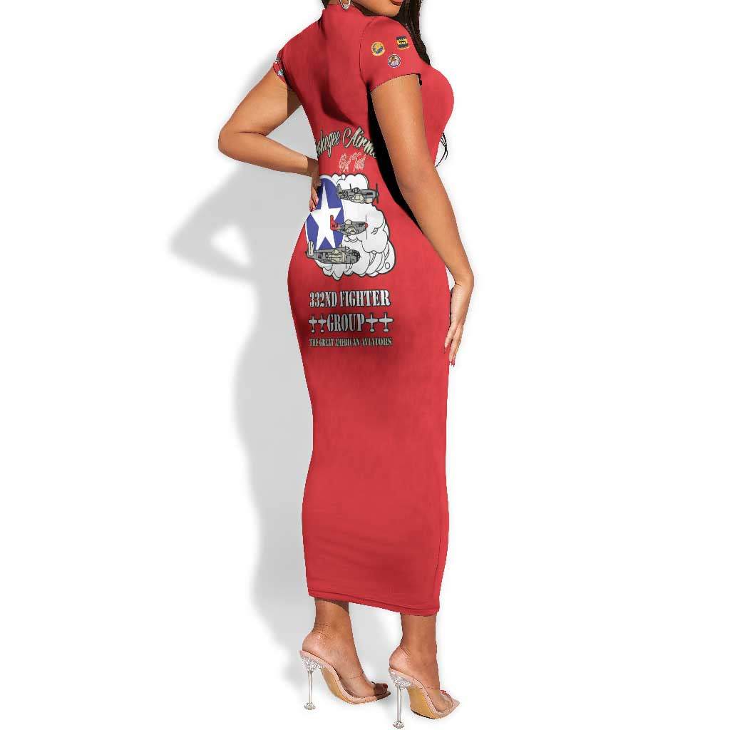African American Aviators WWII Short Sleeve Bodycon Dress Tuskegee Red Tails Airmen Red - African Pride