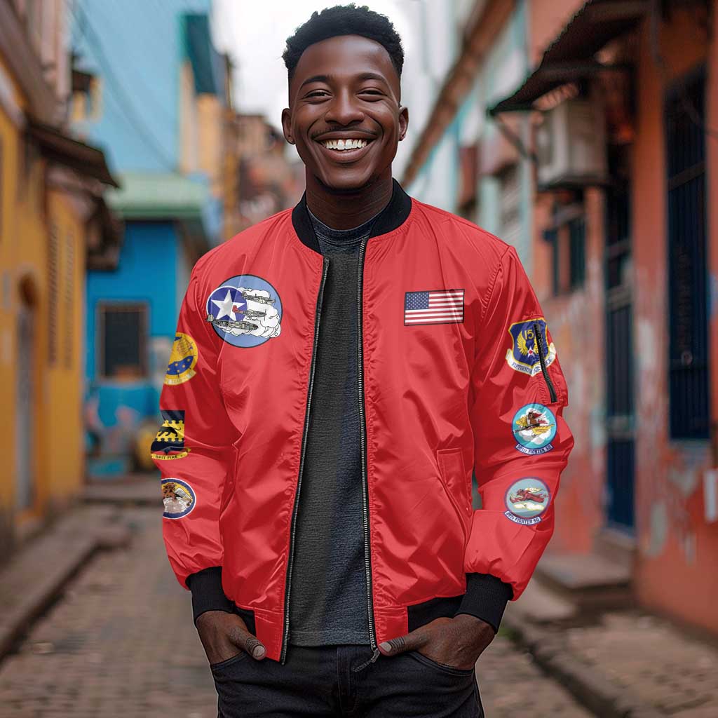 African American Aviators WWII Sleeve Zip Bomber Jacket Tuskegee Red Tails Airmen Red - African Pride