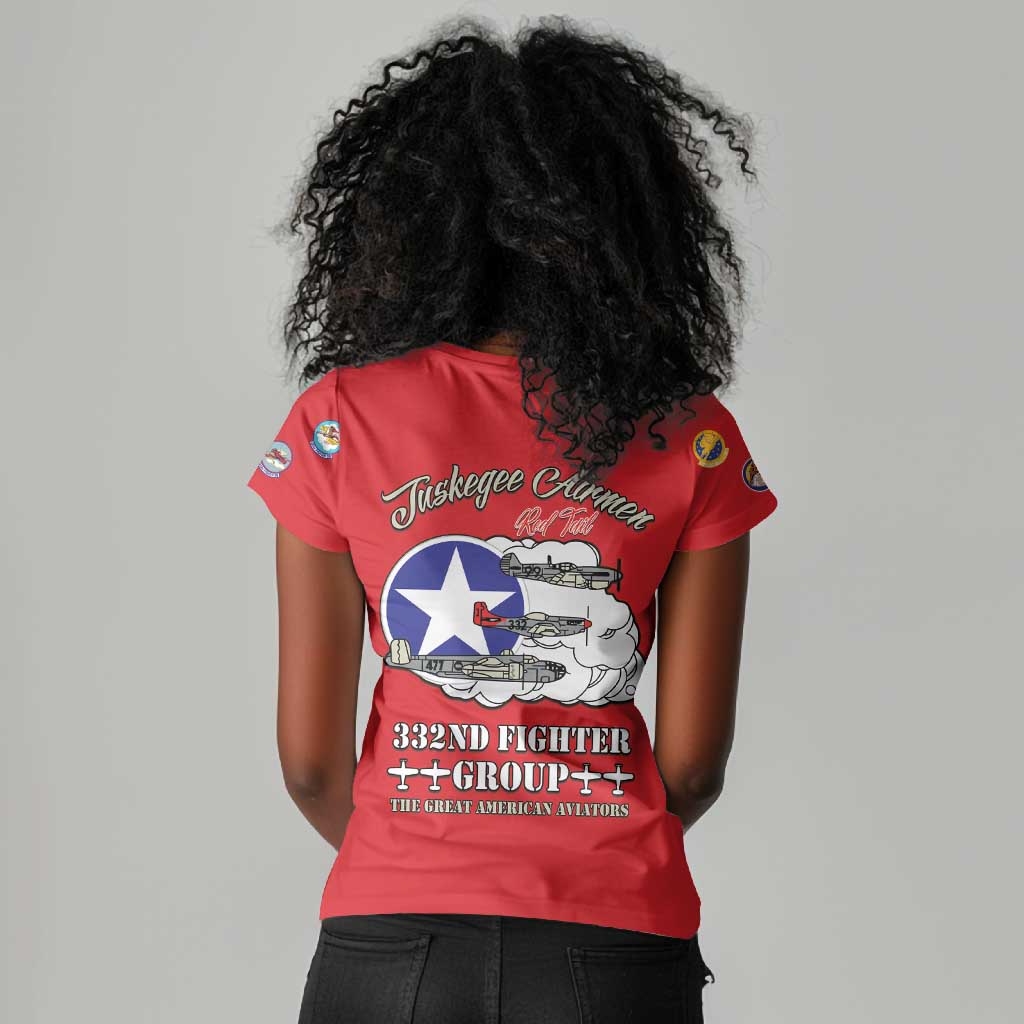 African American Aviators WWII Women V-Neck T-Shirt Tuskegee Red Tails Airmen Red - African Pride