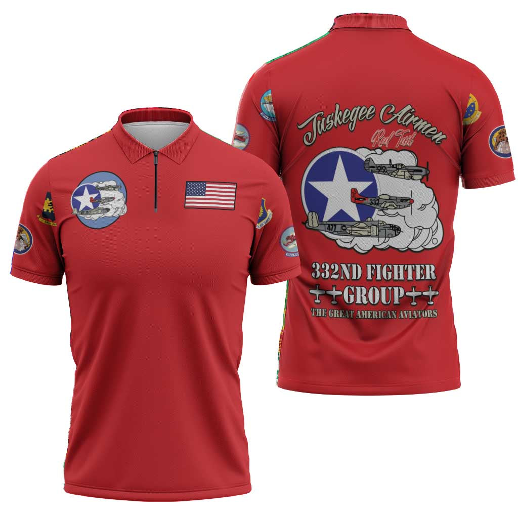 Tuskegee Airmen WWII Heroes Zipper Polo Shirt The Great American Aviators Red Art