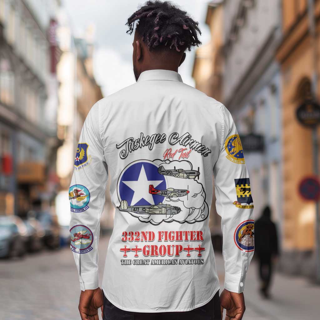 African American Aviators WWII Long Sleeve Button Shirt Tuskegee Red Tails Airmen White - African Pride