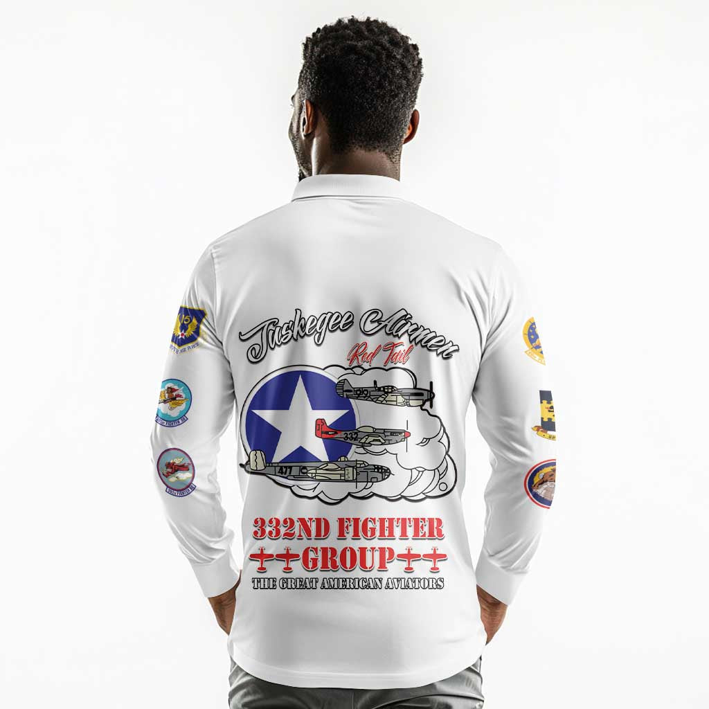 African American Aviators WWII Long Sleeve Polo Shirt Tuskegee Red Tails Airmen White - African Pride