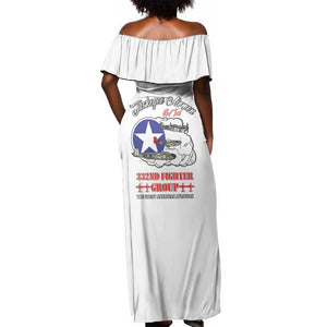 African American Aviators WWII Off Shoulder Maxi Dress Tuskegee Red Tails Airmen White - African Pride