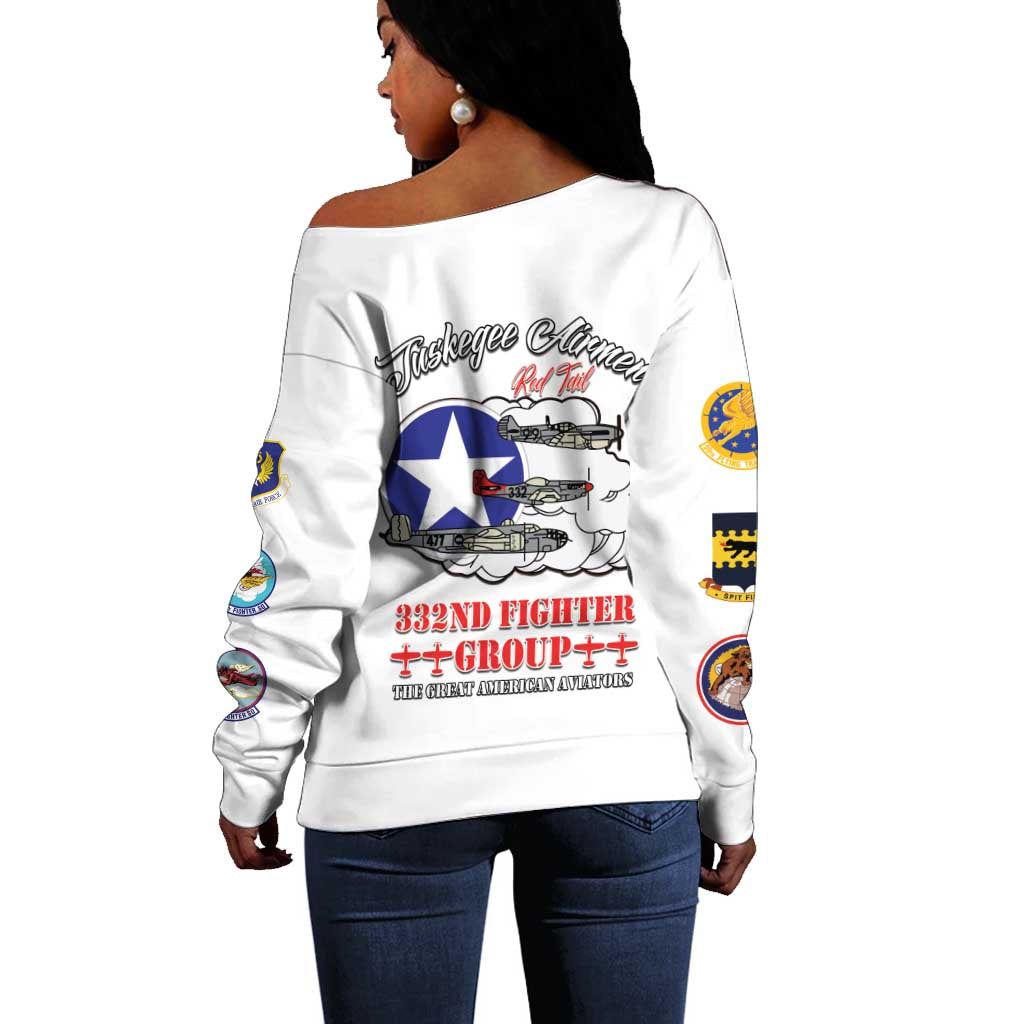 African American Aviators WWII Off Shoulder Sweater Tuskegee Red Tails Airmen White - African Pride