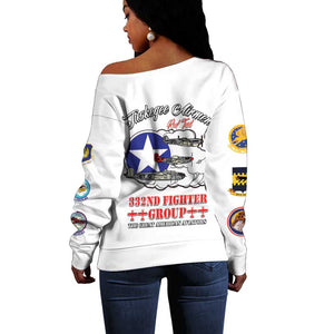 African American Aviators WWII Off Shoulder Sweater Tuskegee Red Tails Airmen White - African Pride