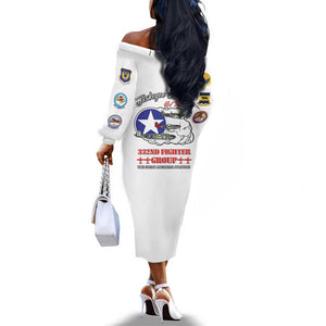 African American Aviators WWII Off The Shoulder Long Sleeve Dress Tuskegee Red Tails Airmen White - African Pride