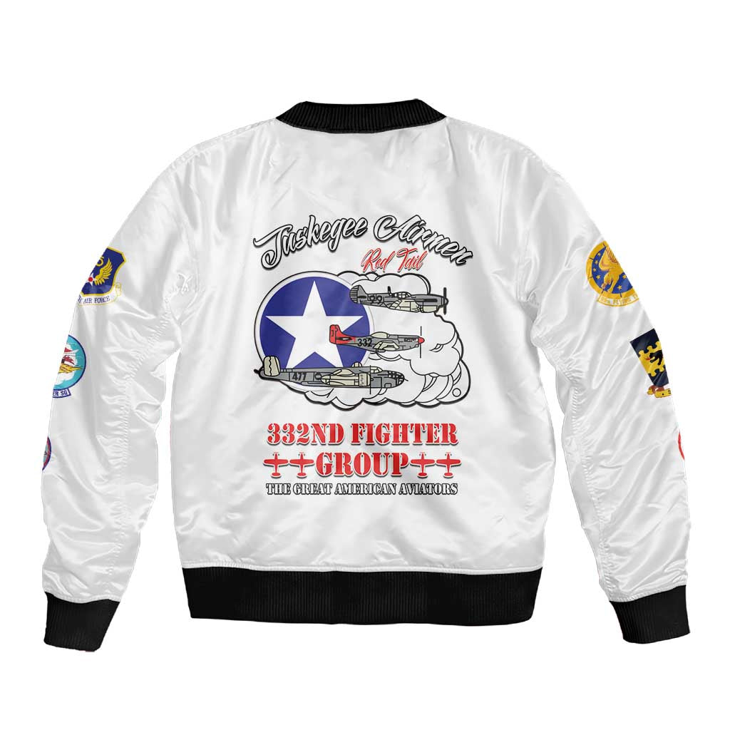 African American Aviators WWII Sleeve Zip Bomber Jacket Tuskegee Red Tails Airmen White - African Pride