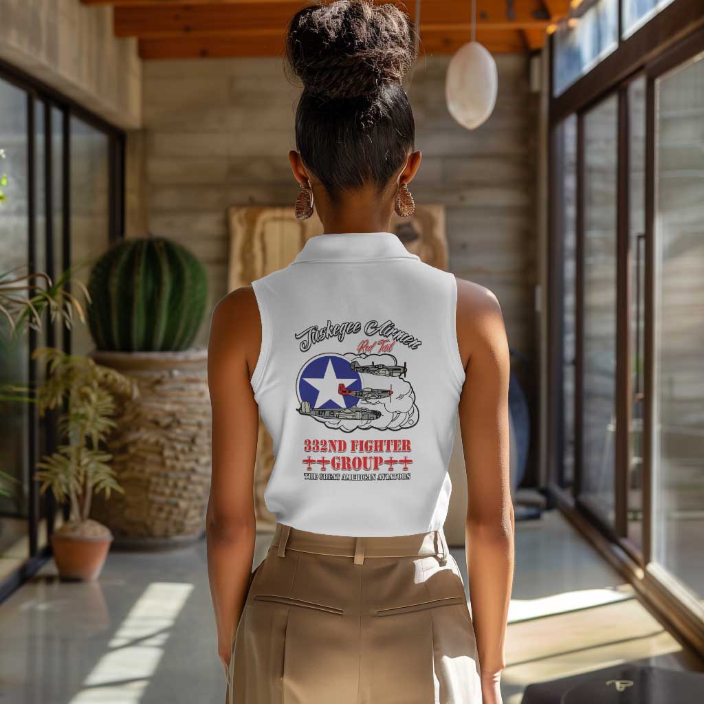 African American Aviators WWII Women Sleeveless Polo Shirt Tuskegee Red Tails Airmen White - African Pride