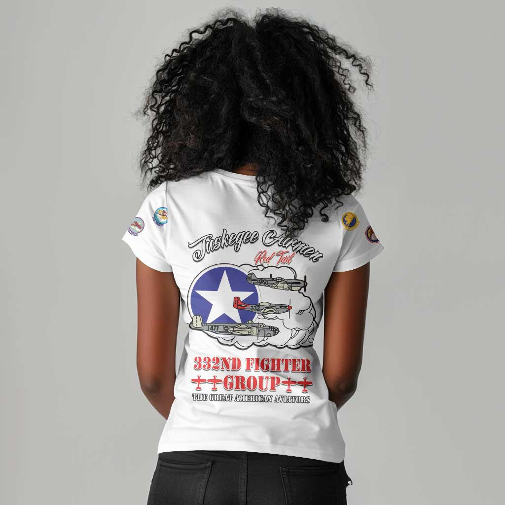 African American Aviators WWII Women V-Neck T-Shirt Tuskegee Red Tails Airmen White - African Pride