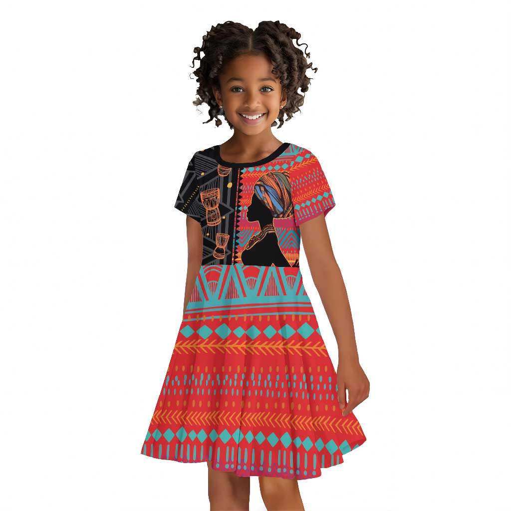 African Women Kid Short Sleeve Dress Ethnic Pattern